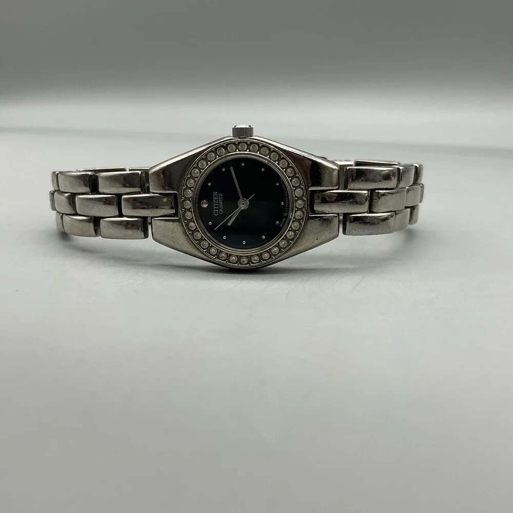 Citizen Quartz Womens Watch 21mm Black Silver Tone Crystals New Battery 6.25